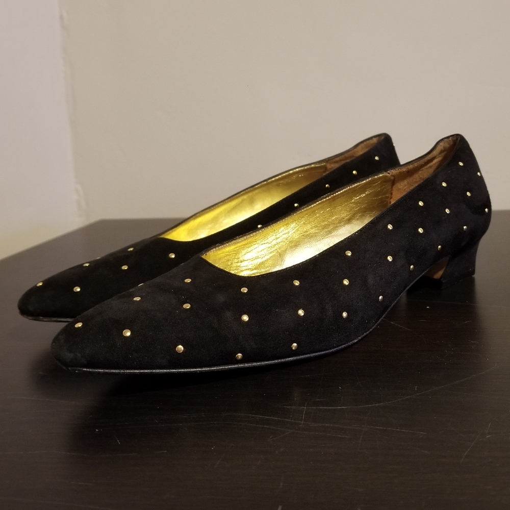 VINTAGE PALOMA SUEDE STUDDED HEELS LEATHER PREPPY 80S FORMAL HOLIDAY RETRO SZ 9